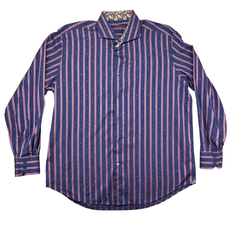 Robert Graham Dress Shirt Men's 44 - 17.5 Blue Red Long Sleeve Button Up Striped